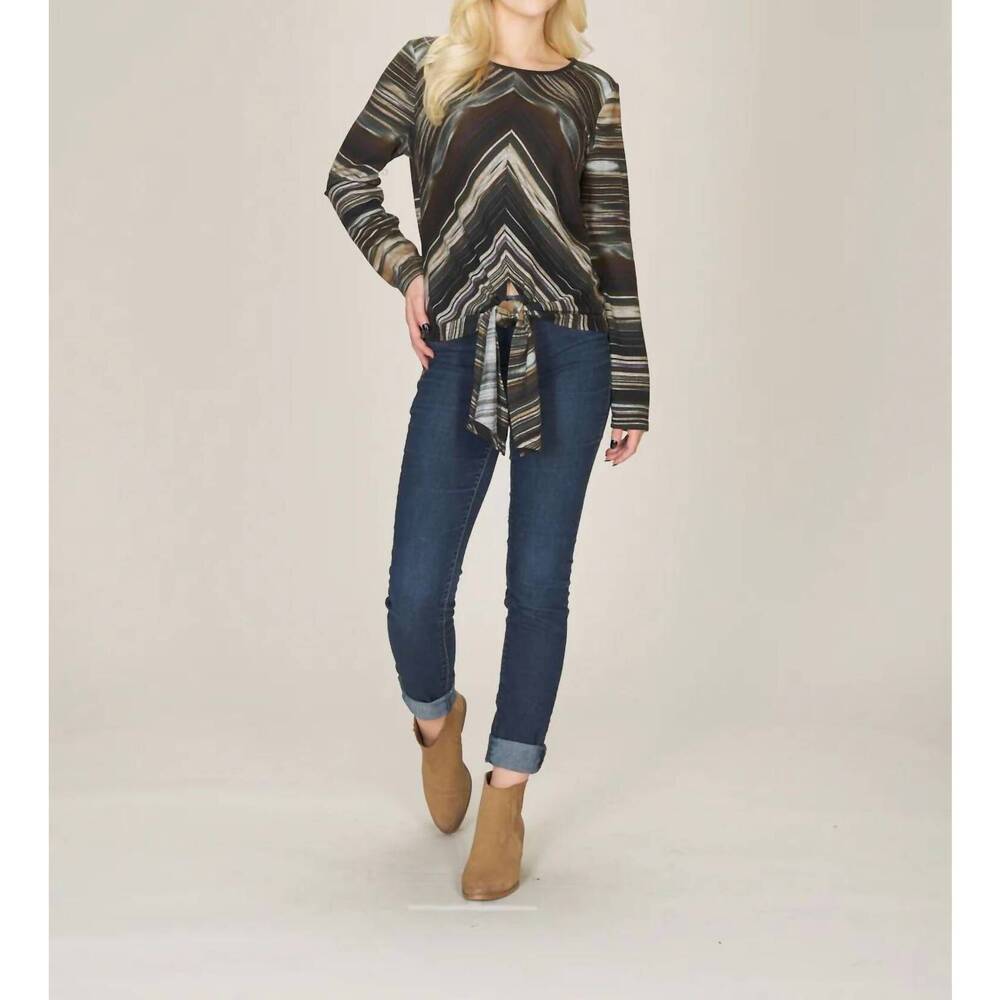 NEW PAPILLON stripe long sleeve tie top in brown